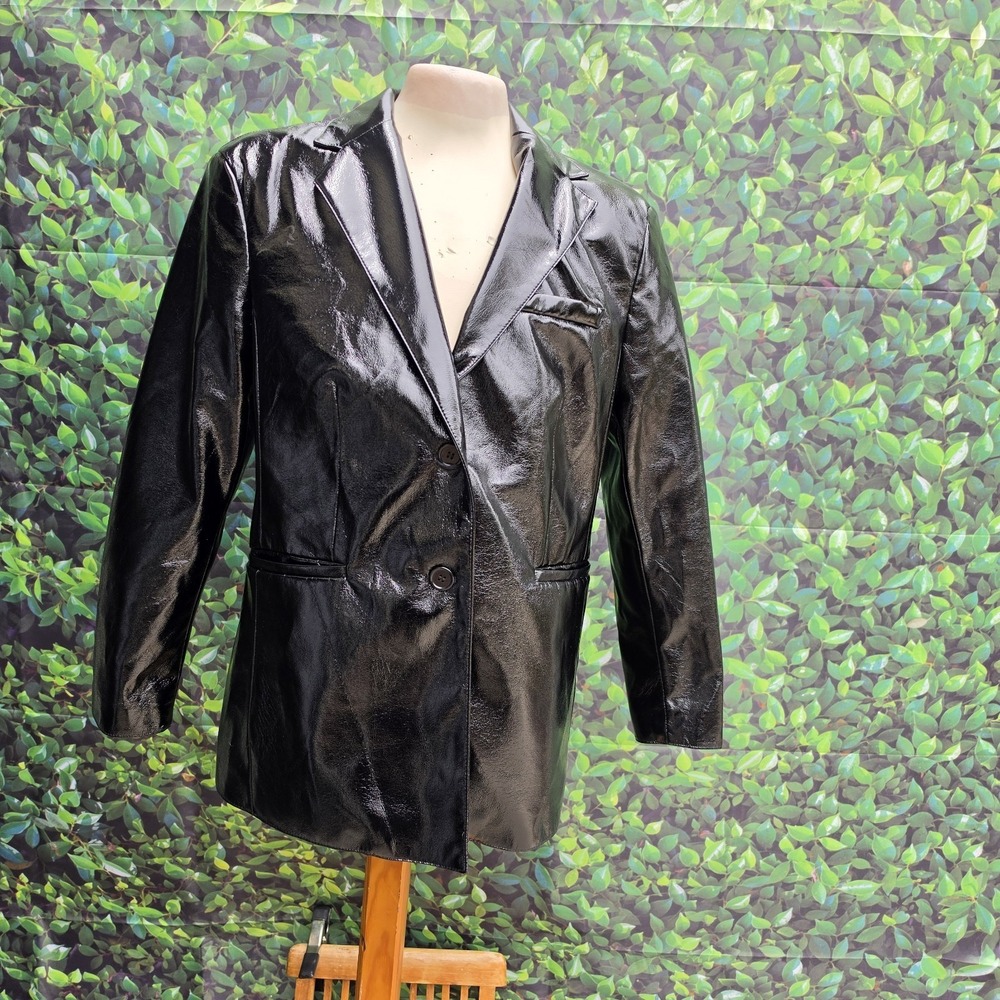 H&M Black Metallic Faux Leather Blazer Jacket Women's Small Shiny Patent